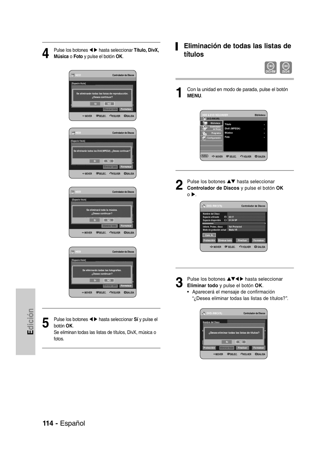 Samsung DVD-HR730A/XEC manual Eliminación de todas las listas de títulos, Eliminar todo y pulse el botón OK 