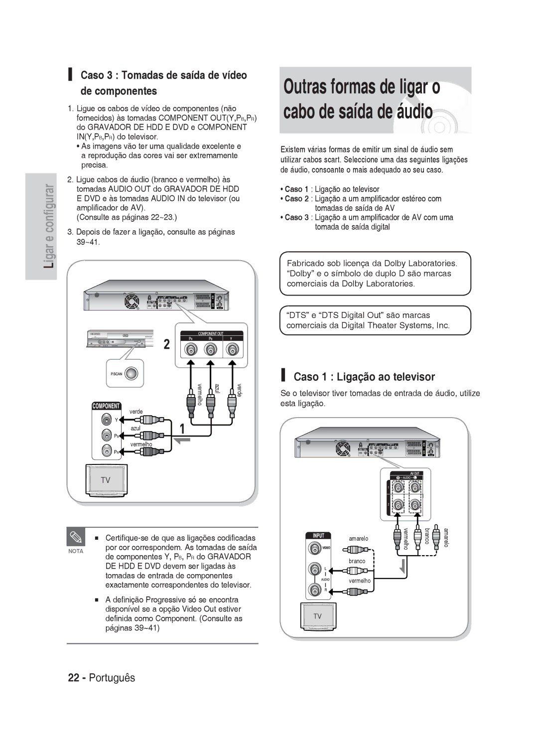 Samsung DVD-HR730A/XEC manual Caso 3 Tomadas de saída de vídeo de componentes, Caso 1 Ligação ao televisor 