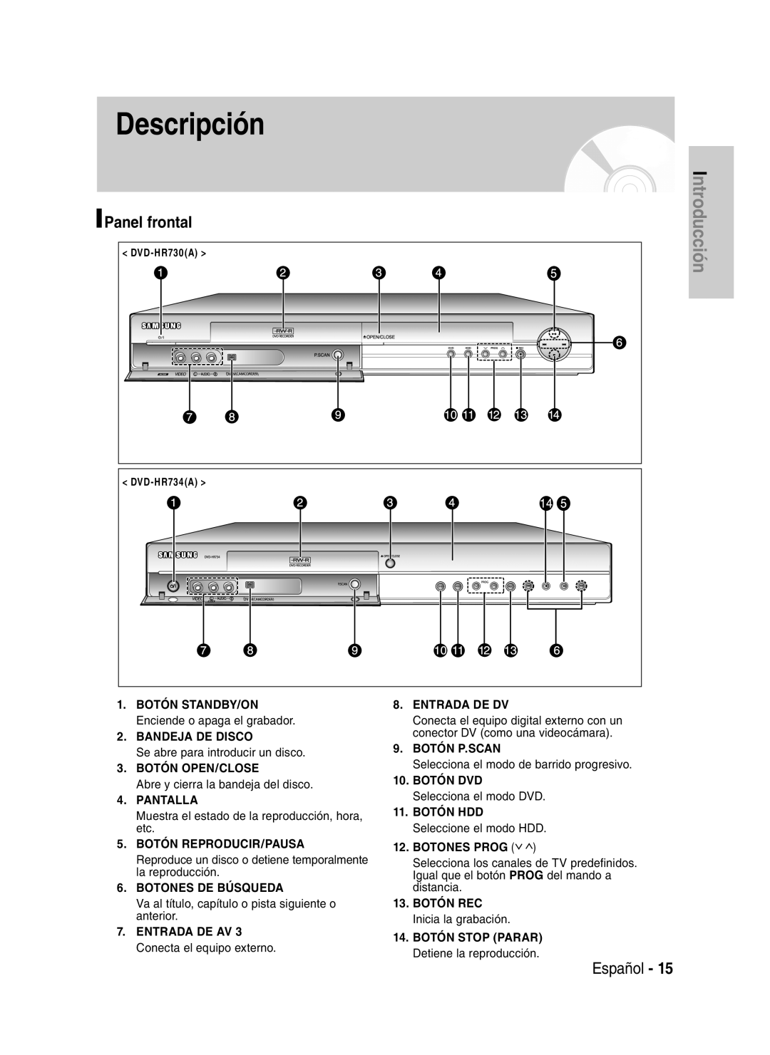 Samsung DVD-HR730A/XEC manual Panel frontal 