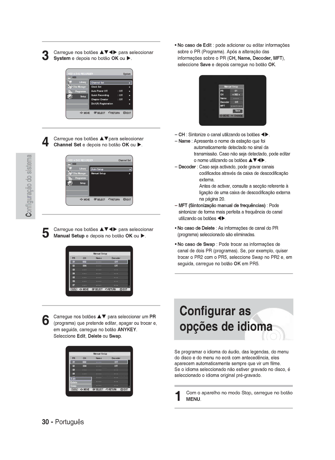 Samsung DVD-HR730A/XEC manual Carregue nos botões Stwx para seleccionar, System e depois no botão OK ou 