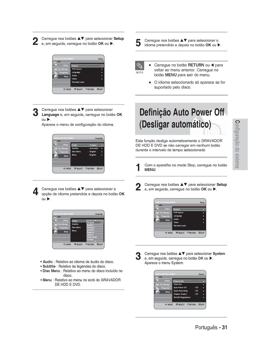 Samsung DVD-HR730A/XEC manual Esta função desliga automaticamente o Gravador 