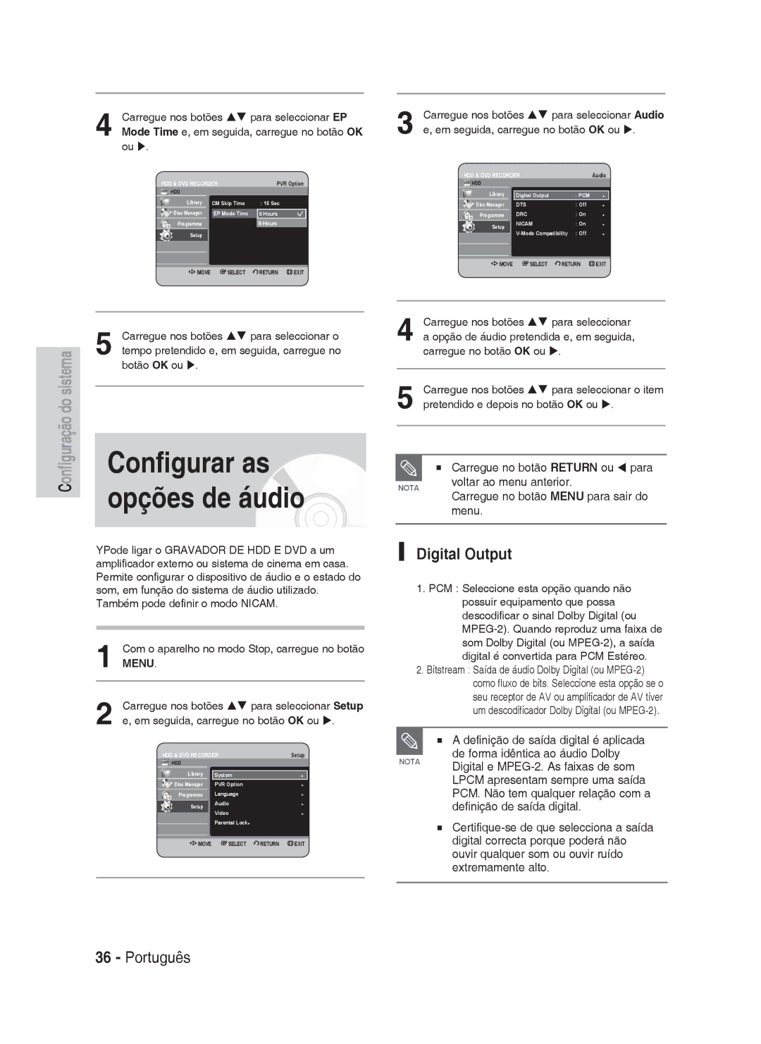 Samsung DVD-HR730A/XEC manual Configurar as, Opções de áudio, Digital Output 