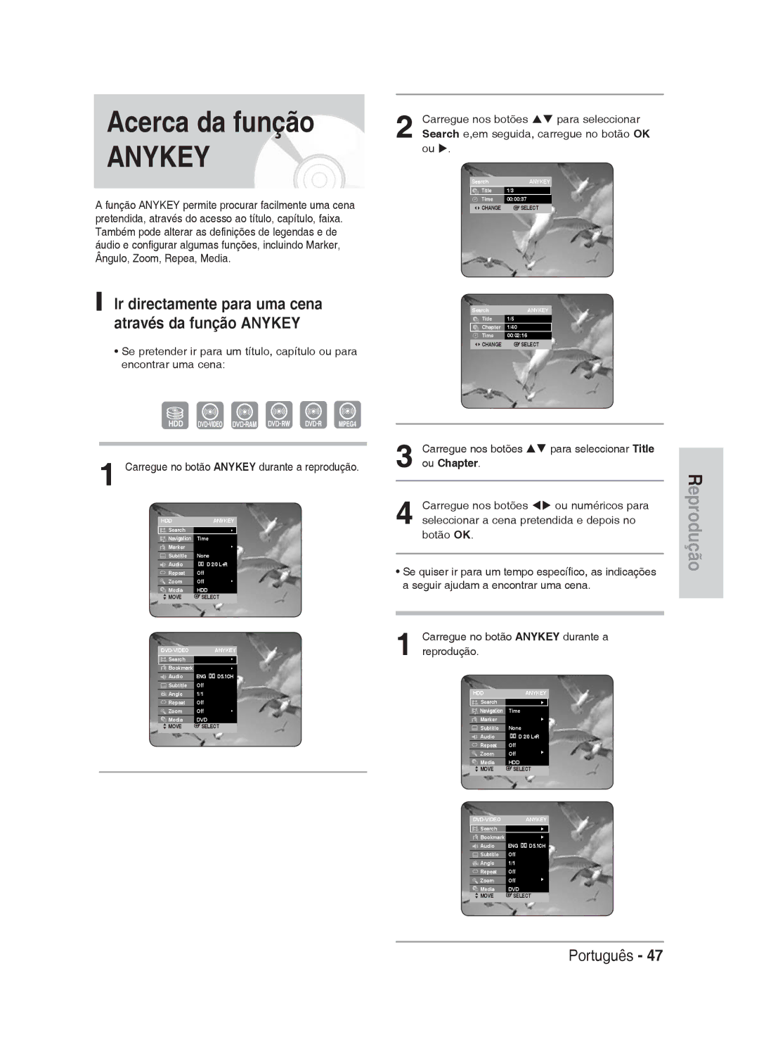 Samsung DVD-HR730A/XEC manual Acerca da função, Ir directamente para uma cena através da função Anykey, Ou Chapter 