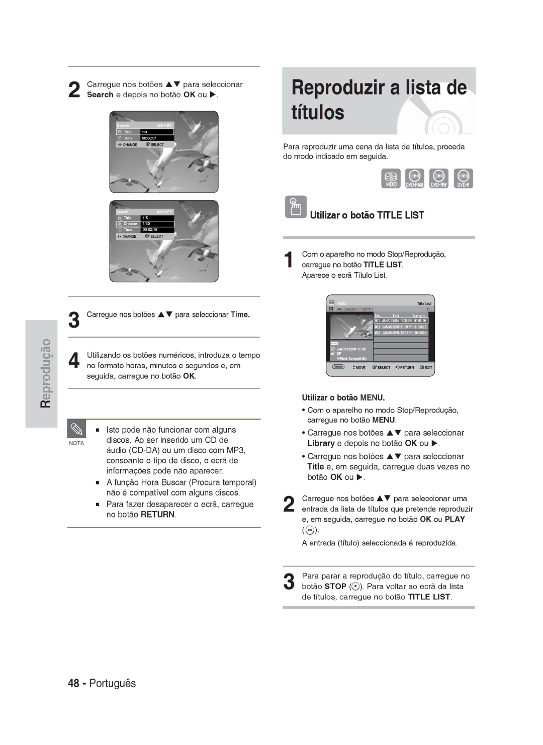 Samsung DVD-HR730A/XEC manual Reproduzir a lista de títulos, Utilizar o botão Title List 