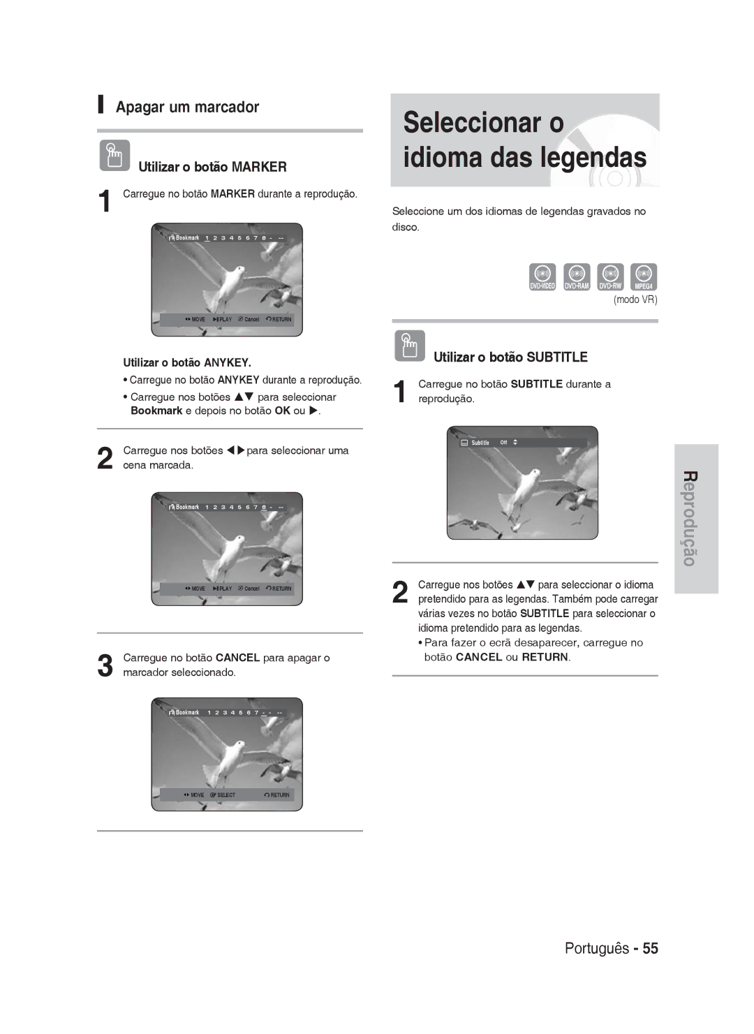 Samsung DVD-HR730A/XEC manual Utilizar o botão Subtitle, Carregue nos botões WXpara seleccionar uma cena marcada 