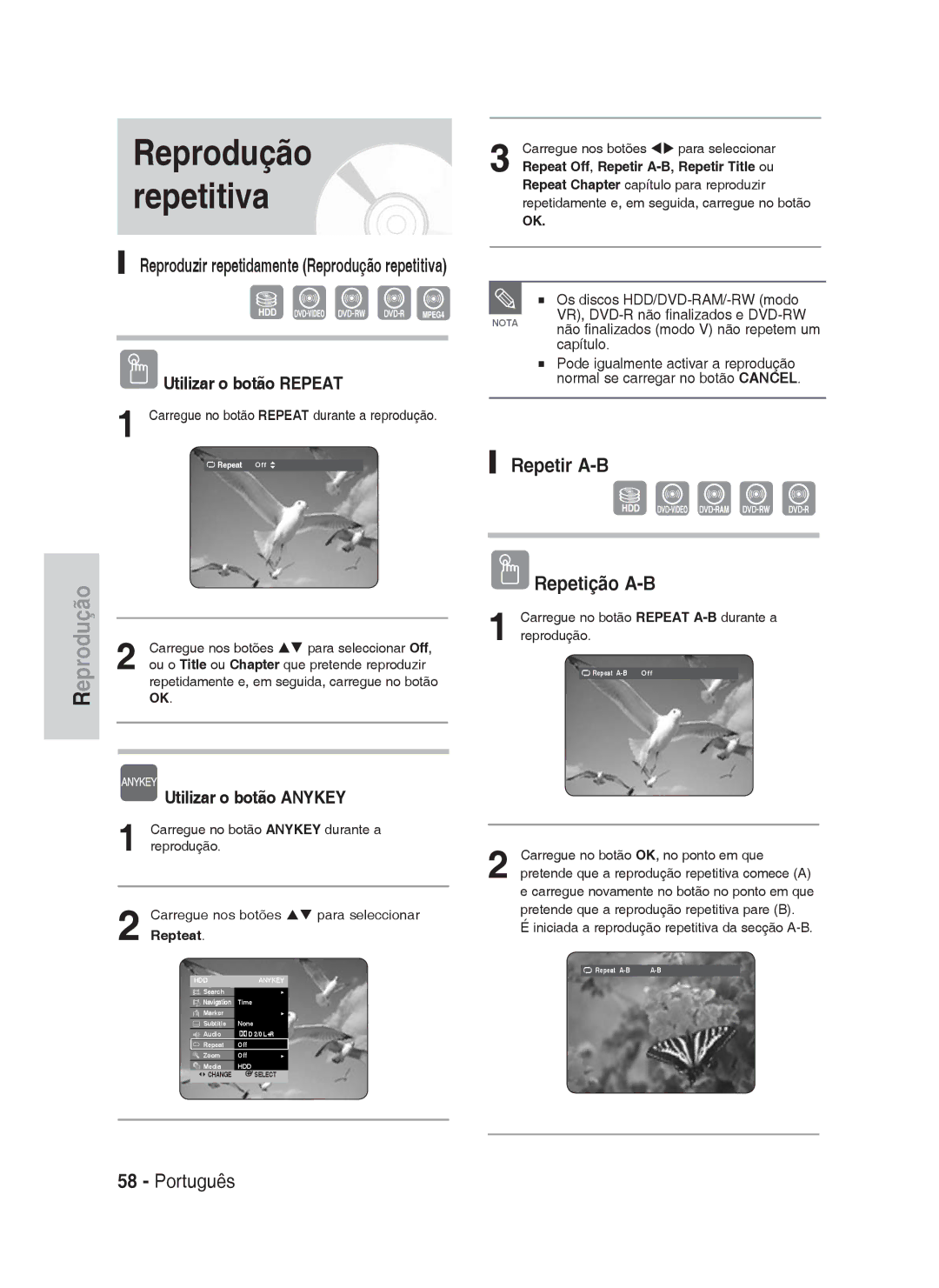 Samsung DVD-HR730A/XEC manual Repetir A-B Repetição A-B, Utilizar o botão Repeat 