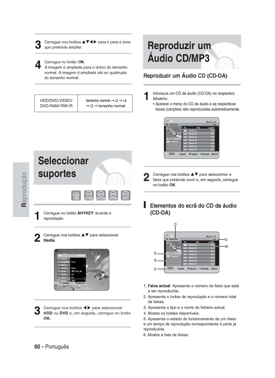 Samsung DVD-HR730A/XEC manual Seleccionar, Suportes, Reproduzir um Áudio CD CD-DA, Elementos do ecrã do CD de áudio CD-DA 