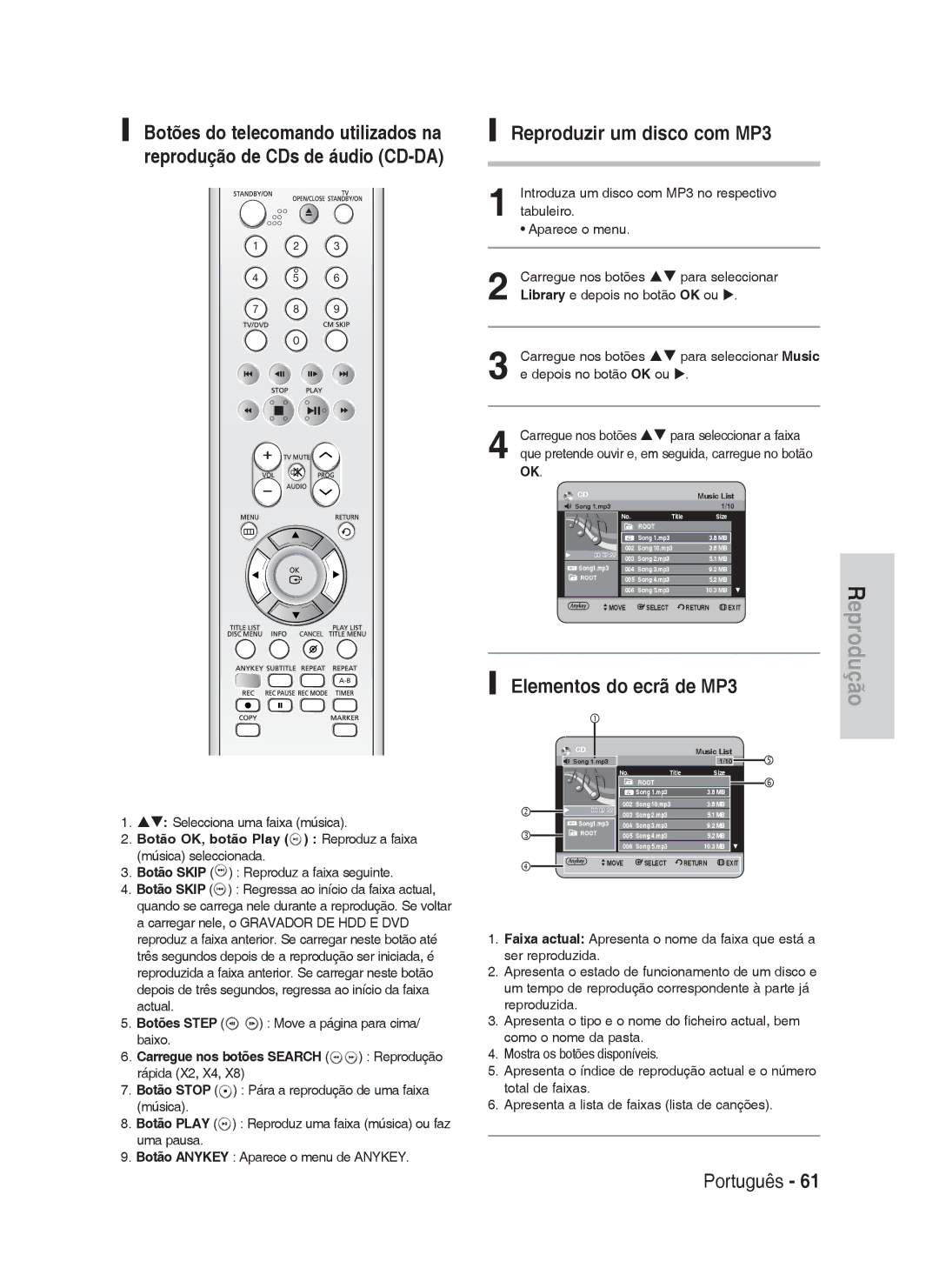 Samsung DVD-HR730A/XEC manual Reproduzir um disco com MP3, Elementos do ecrã de MP3, ST Selecciona uma faixa música 