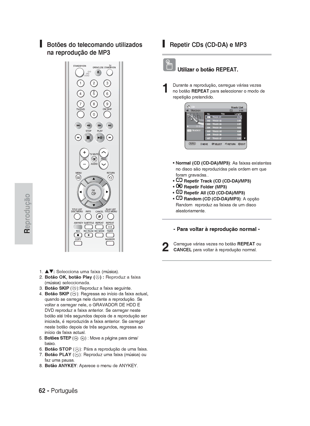 Samsung DVD-HR730A/XEC manual Repetir CDs CD-DA e MP3, Botões do telecomando utilizados na reprodução de MP3 