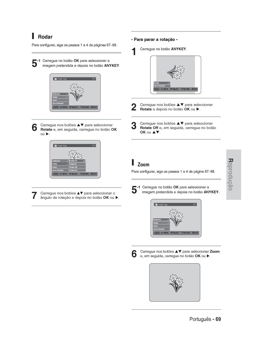 Samsung DVD-HR730A/XEC manual Rodar, Zoom, Para parar a rotação, Para configurar, siga os passos 1 a 4 da página 67~68 