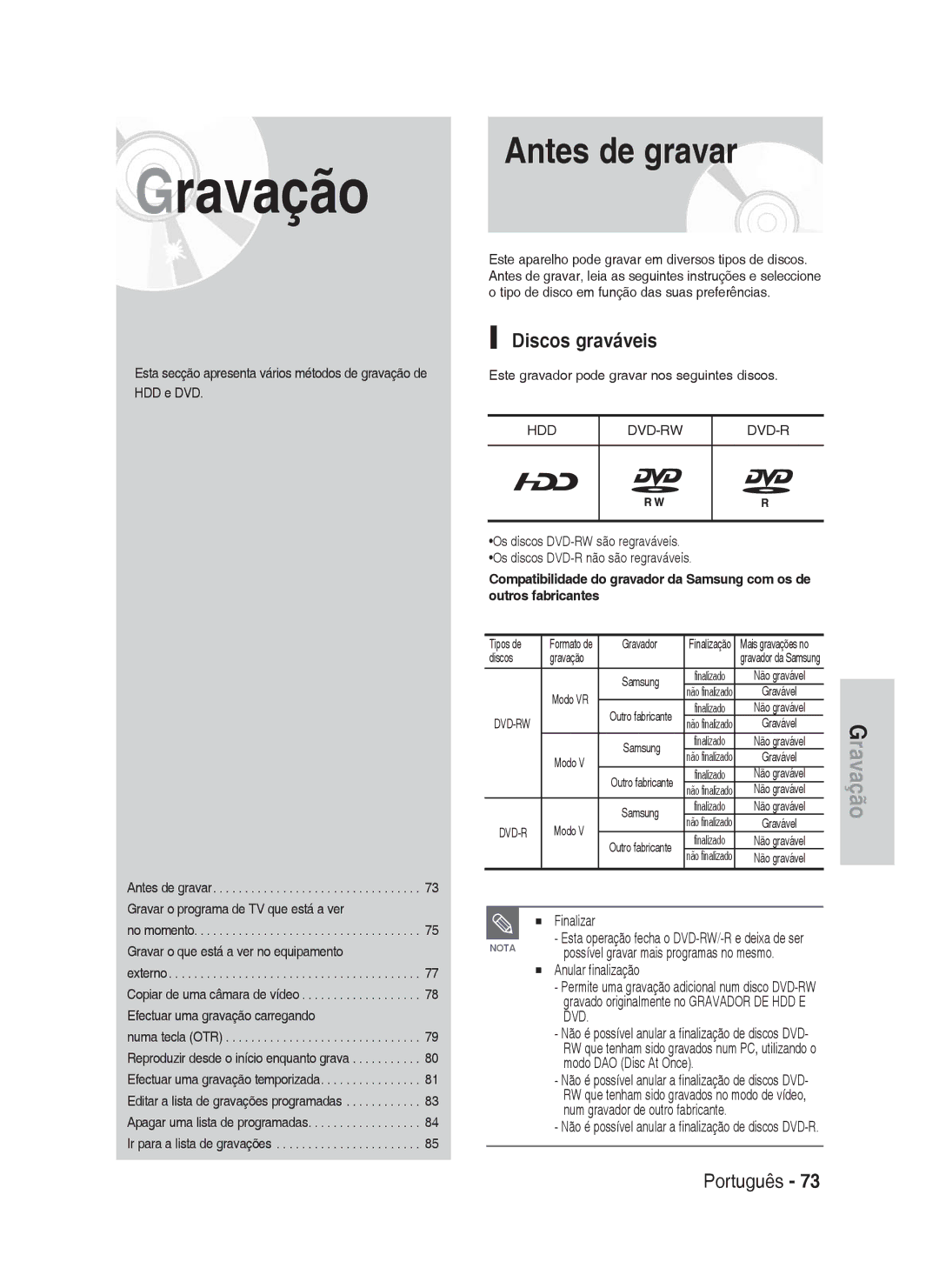 Samsung DVD-HR730A/XEC manual Antes de gravar, Discos graváveis, Finalizar 