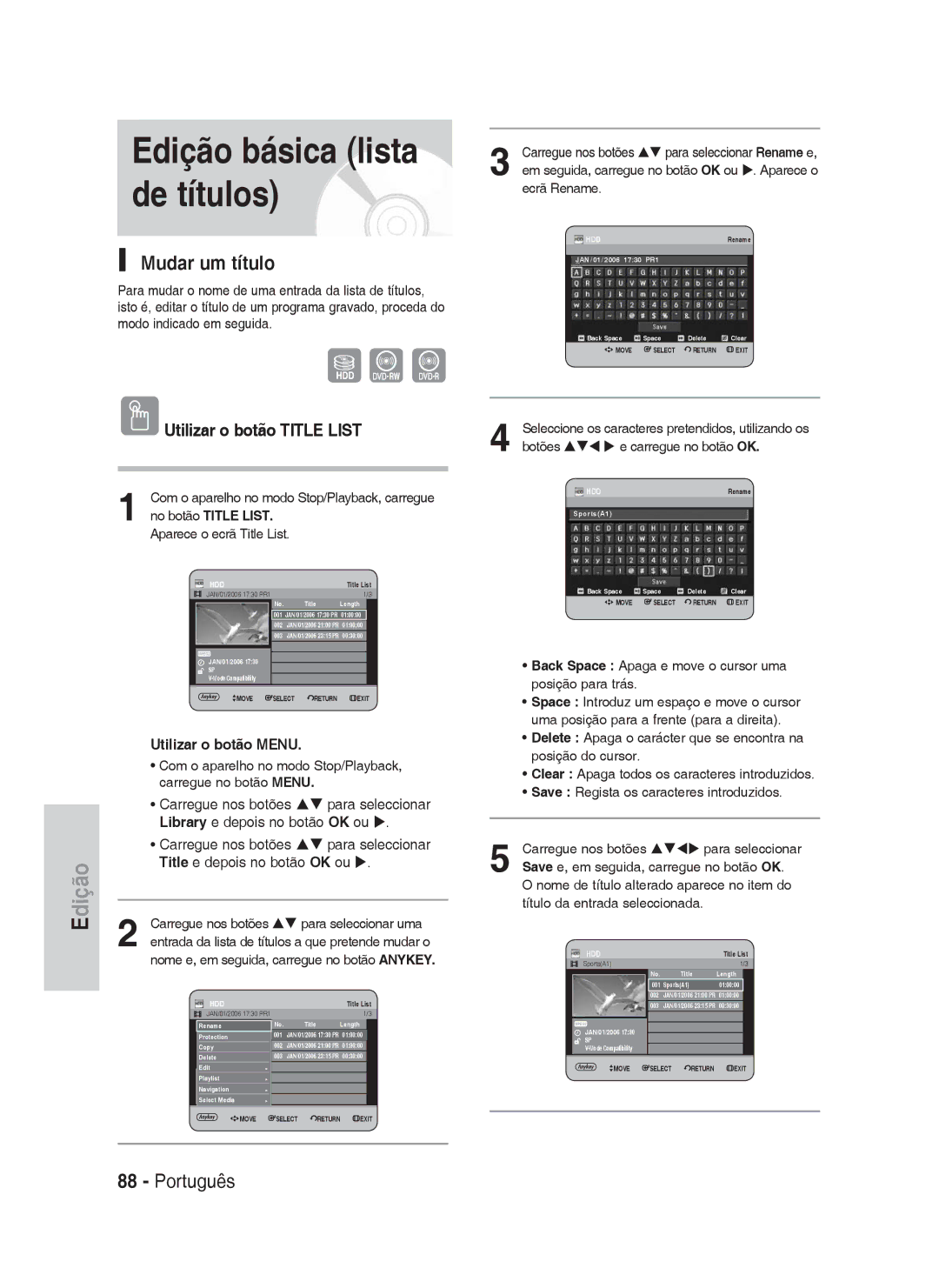 Samsung DVD-HR730A/XEC manual Edição básica lista de títulos, Mudar um título 