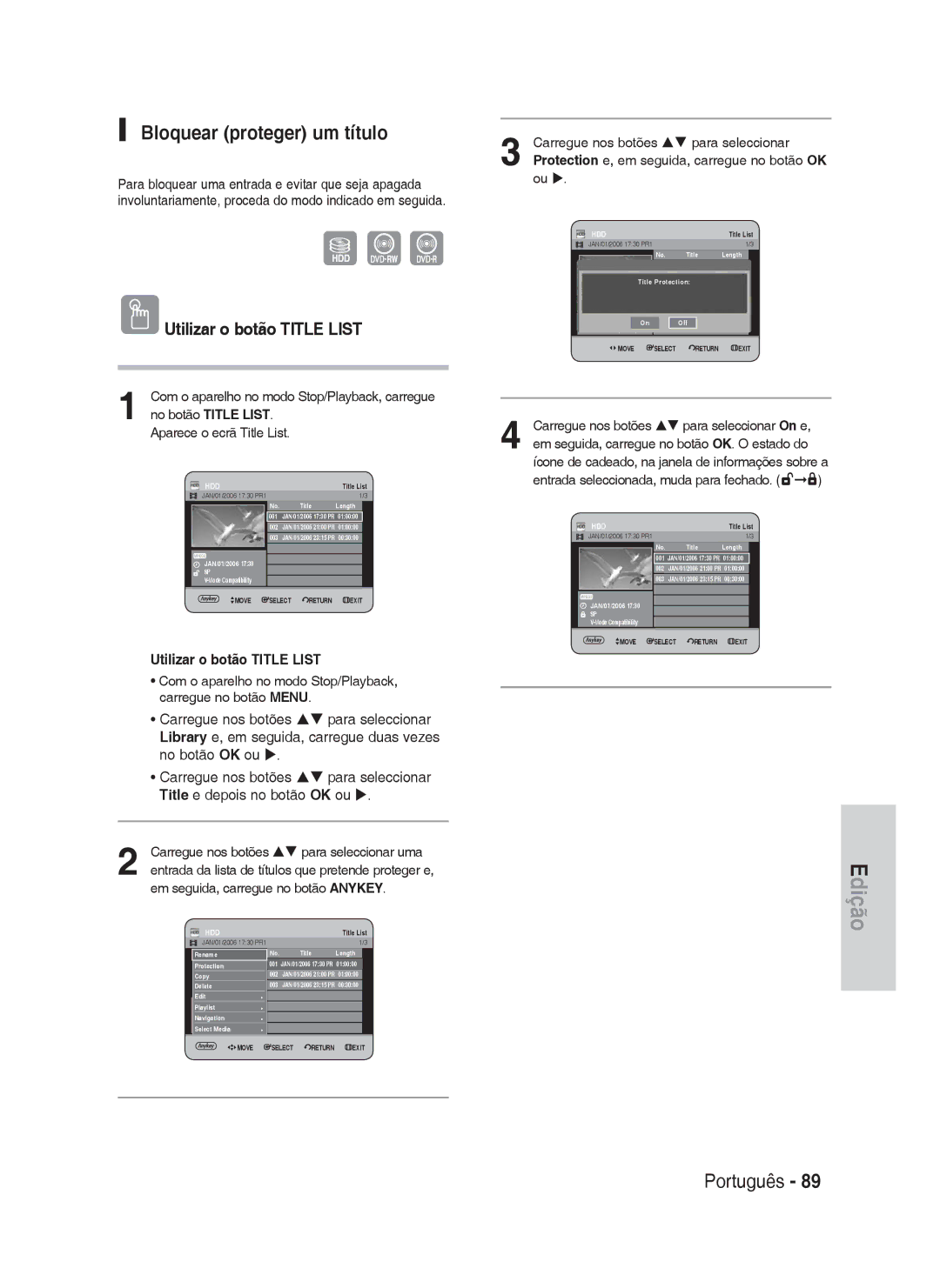 Samsung DVD-HR730A/XEC manual Bloquear proteger um título, Com o aparelho no modo Stop/Playback, carregue no botão Menu 