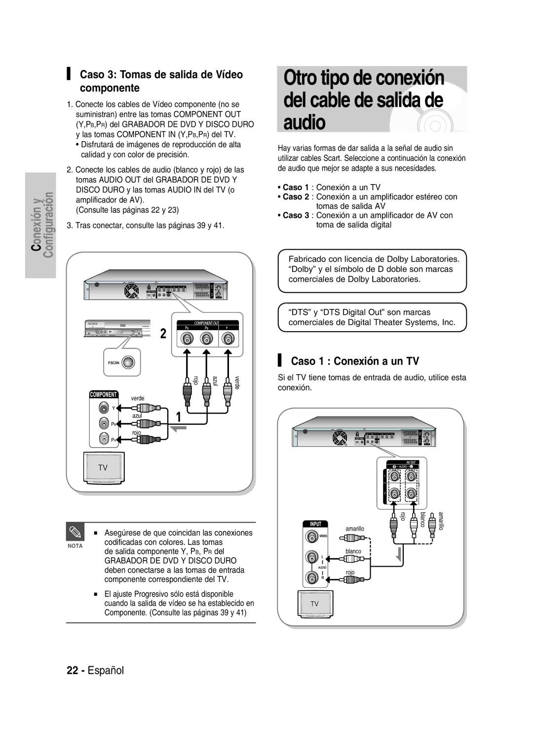 Samsung DVD-HR730A/XEC manual Caso 3 Tomas de salida de Vídeo componente, Caso 1 Conexión a un TV 