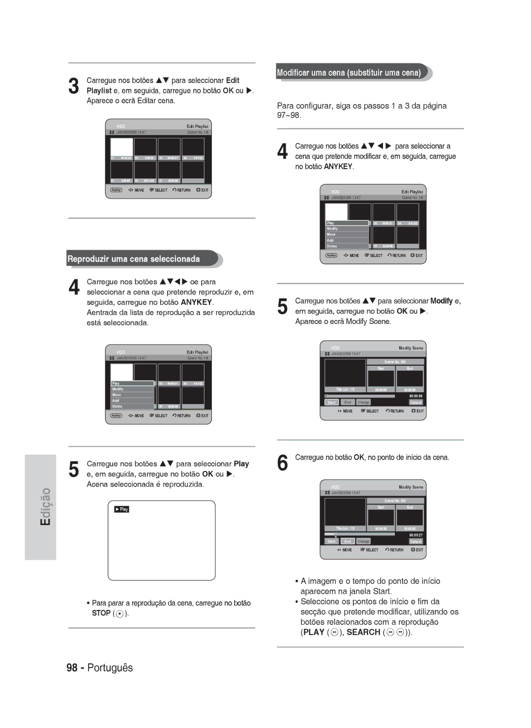 Samsung DVD-HR730A/XEC manual Para configurar, siga os passos 1 a 3 da página 97~98 