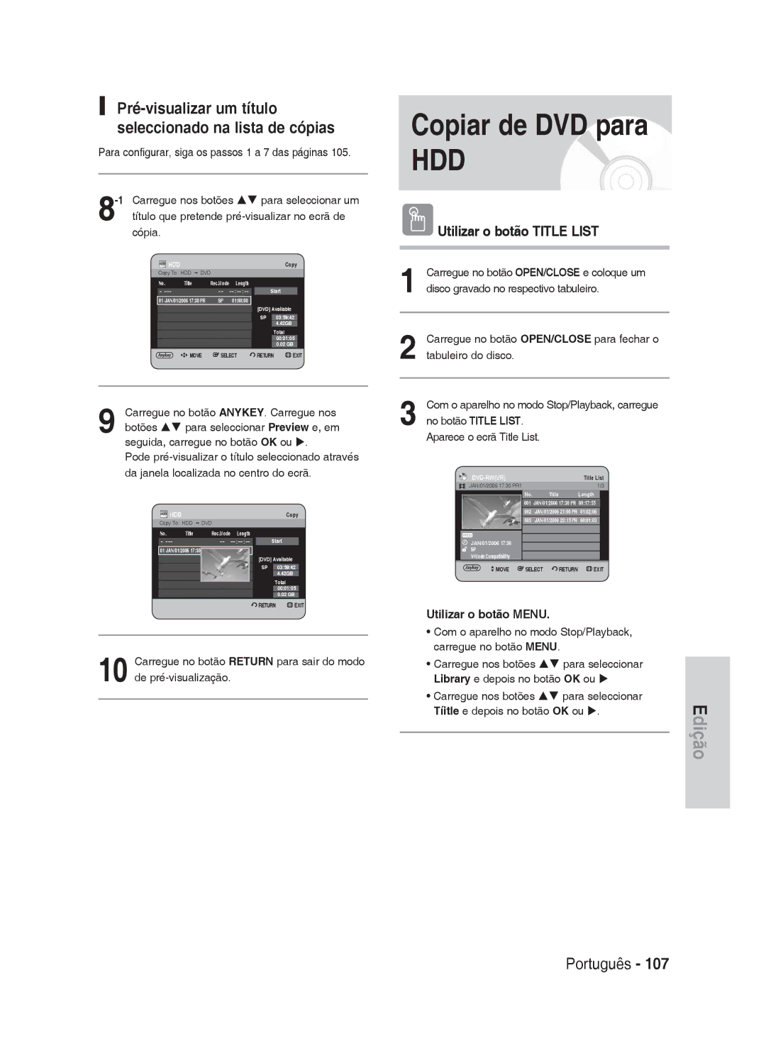 Samsung DVD-HR730A/XEC manual Copiar de DVD para, Pré-visualizar um título seleccionado na lista de cópias 