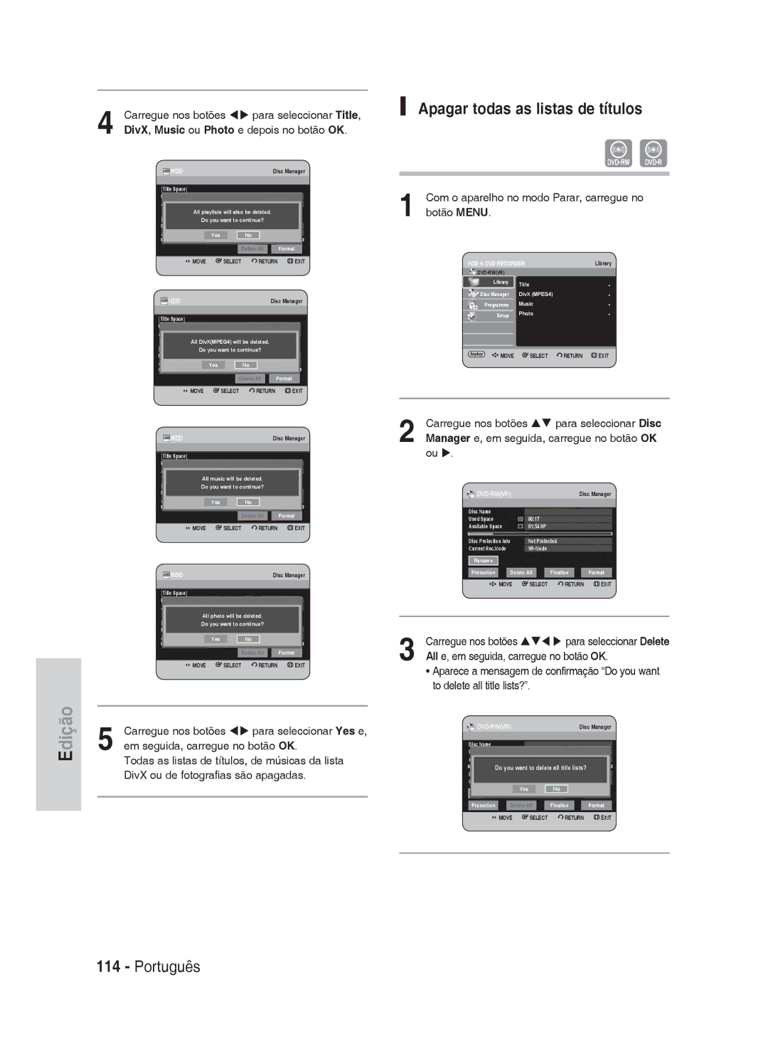 Samsung DVD-HR730A/XEC manual Apagar todas as listas de títulos 