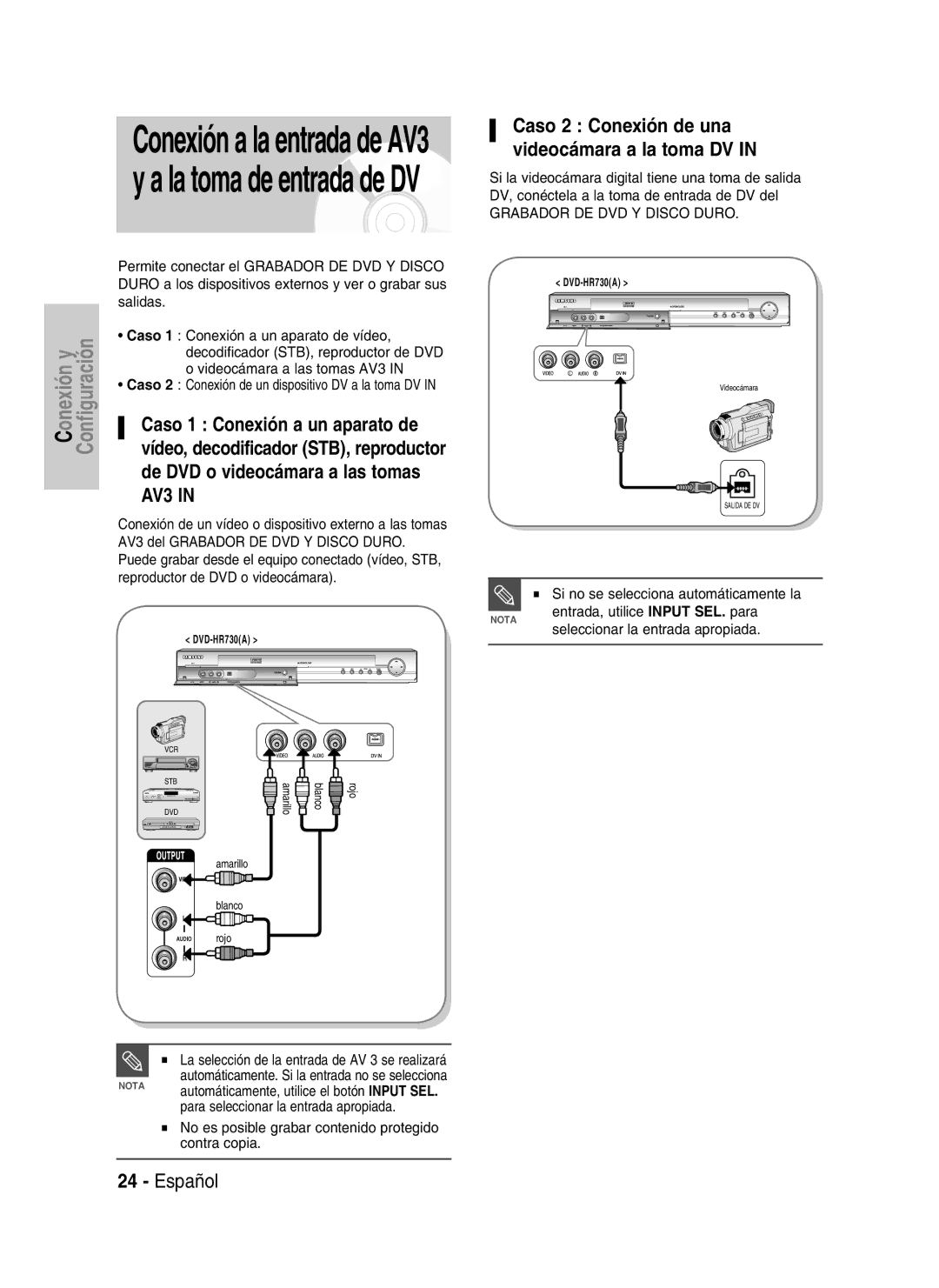 Samsung DVD-HR730A/XEC manual Caso 1 Conexión a un aparato de, De DVD o videocámara a las tomas 