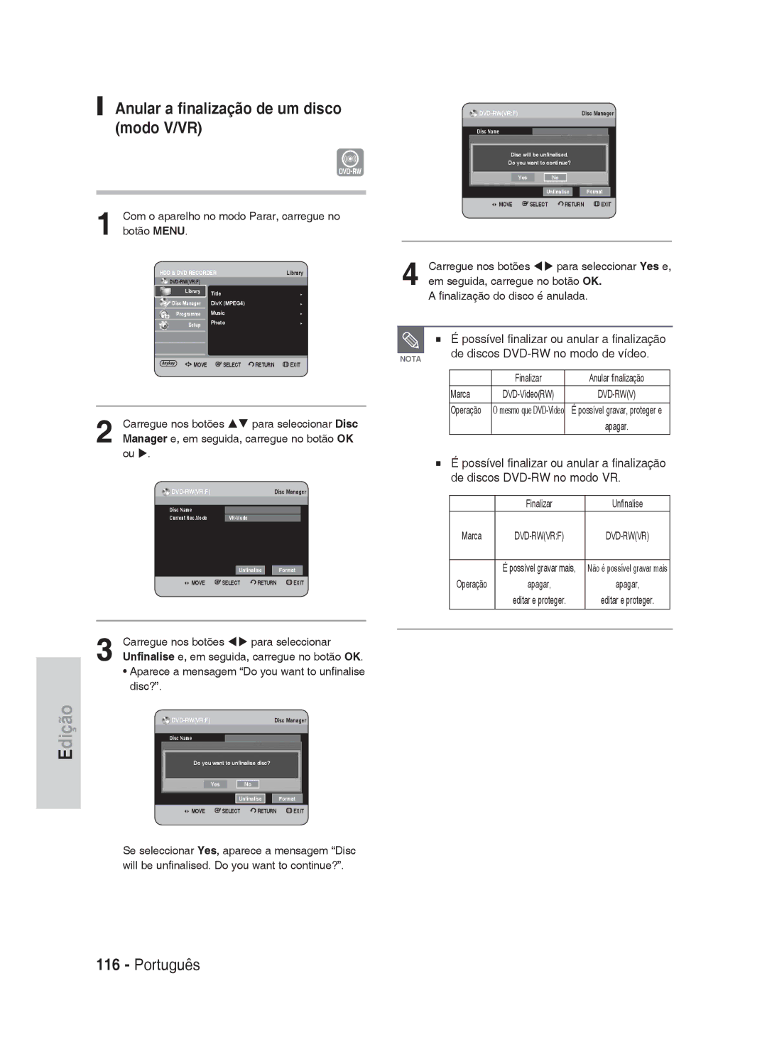 Samsung DVD-HR730A/XEC manual Anular a finalização de um disco modo V/VR, Possível finalizar ou anular a finalização, Marca 