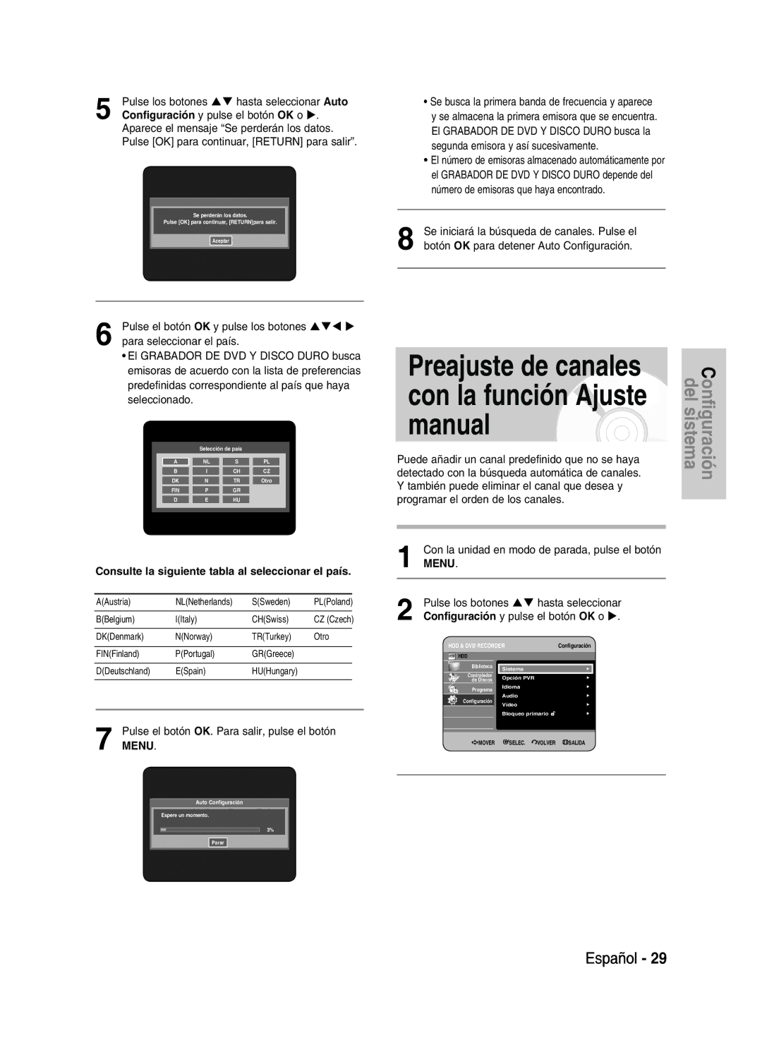 Samsung DVD-HR730A/XEC manual Pulse los botones, Configuración y pulse el botón OK o 