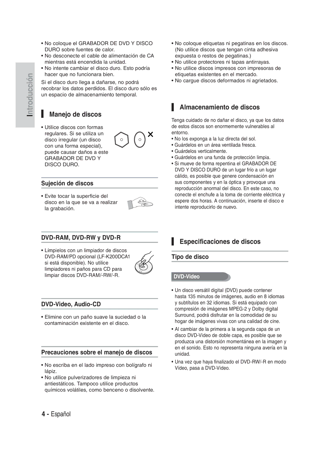 Samsung DVD-HR730A/XEC manual Manejo de discos, Almacenamiento de discos, Especificaciones de discos 