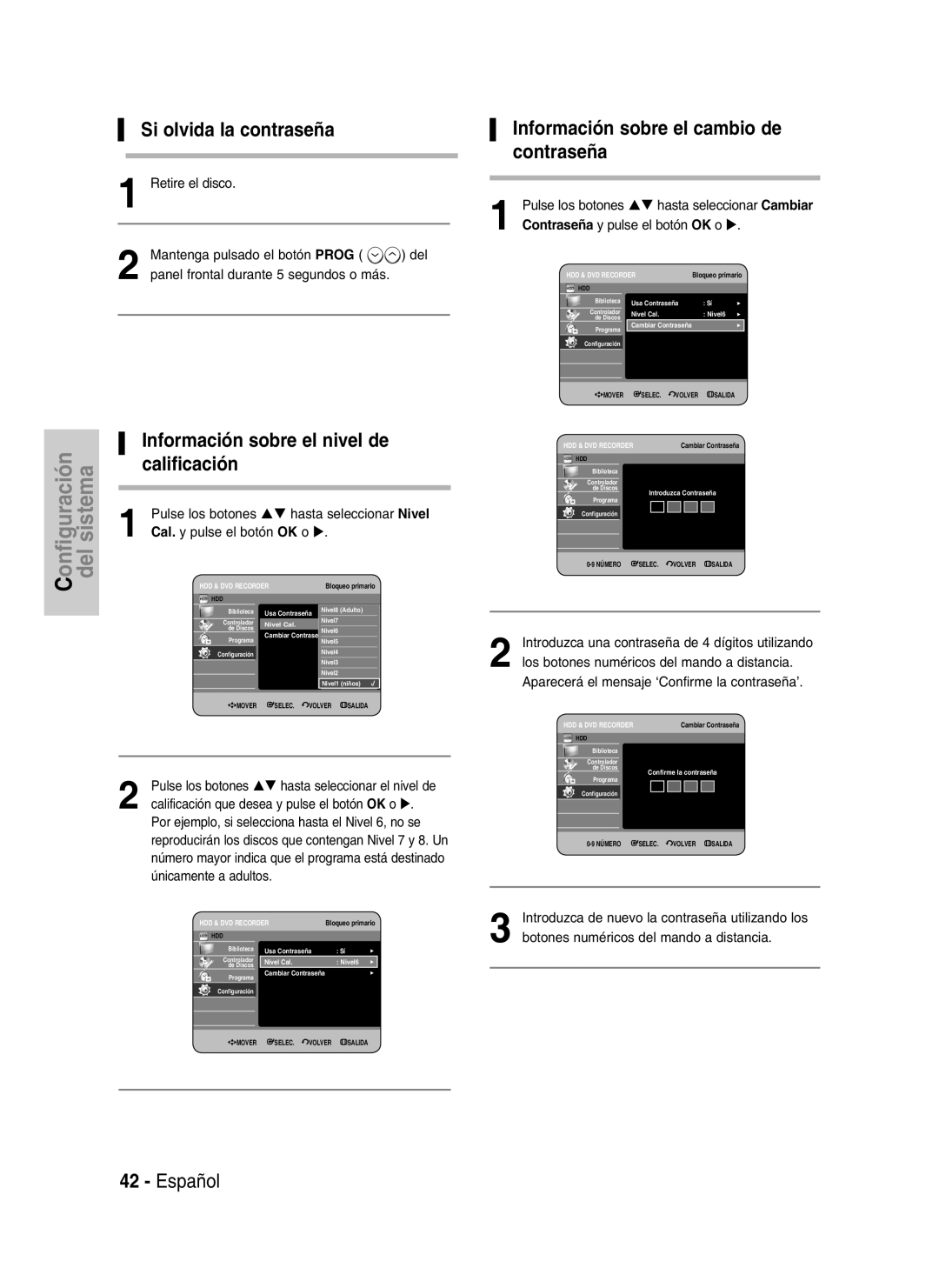 Samsung DVD-HR730A/XEC manual Si olvida la contraseña, Información sobre el cambio de contraseña, Únicamente a adultos 