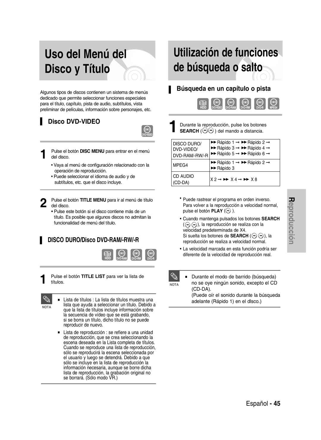 Samsung DVD-HR730A/XEC manual Uso del Menú del Disco y Título, Disco DVD-VIDEO, Búsqueda en un capítulo o pista 