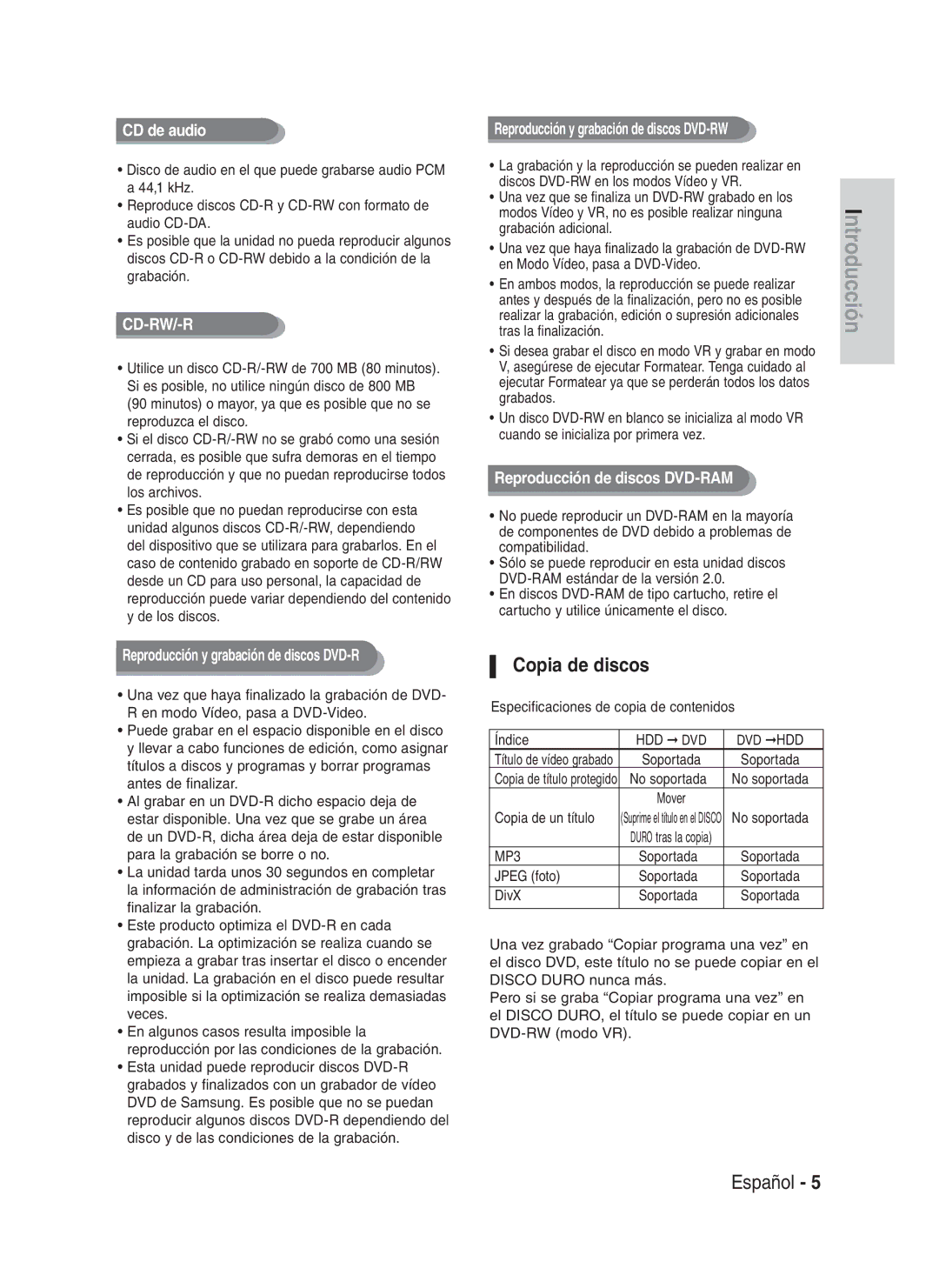 Samsung DVD-HR730A/XEC Copia de discos, Especificaciones de copia de contenidos Índice, Copia de un título, Jpeg foto 