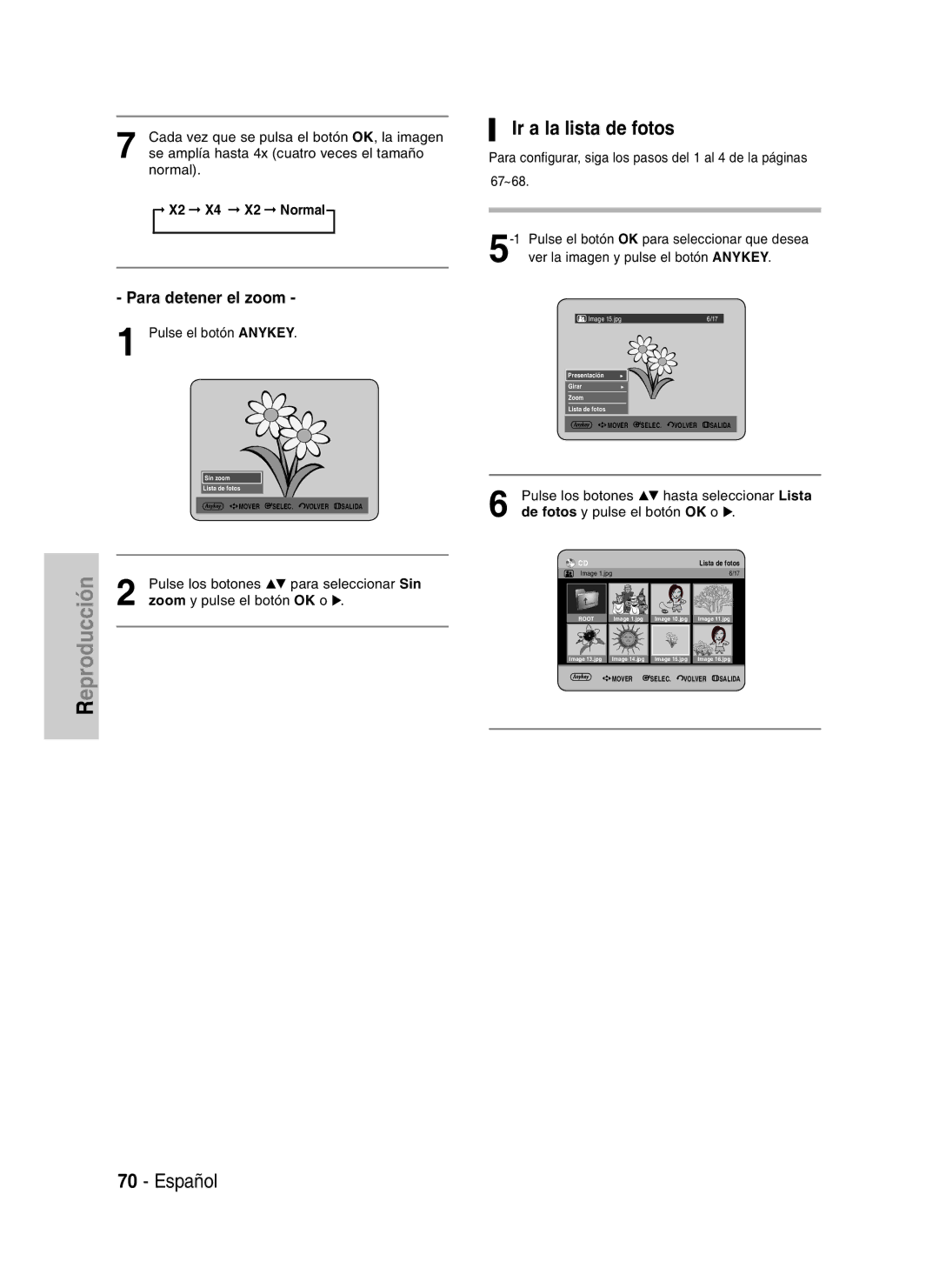 Samsung DVD-HR730A/XEC manual Ir a la lista de fotos, Para detener el zoom, X2 X4 X2 Normal 