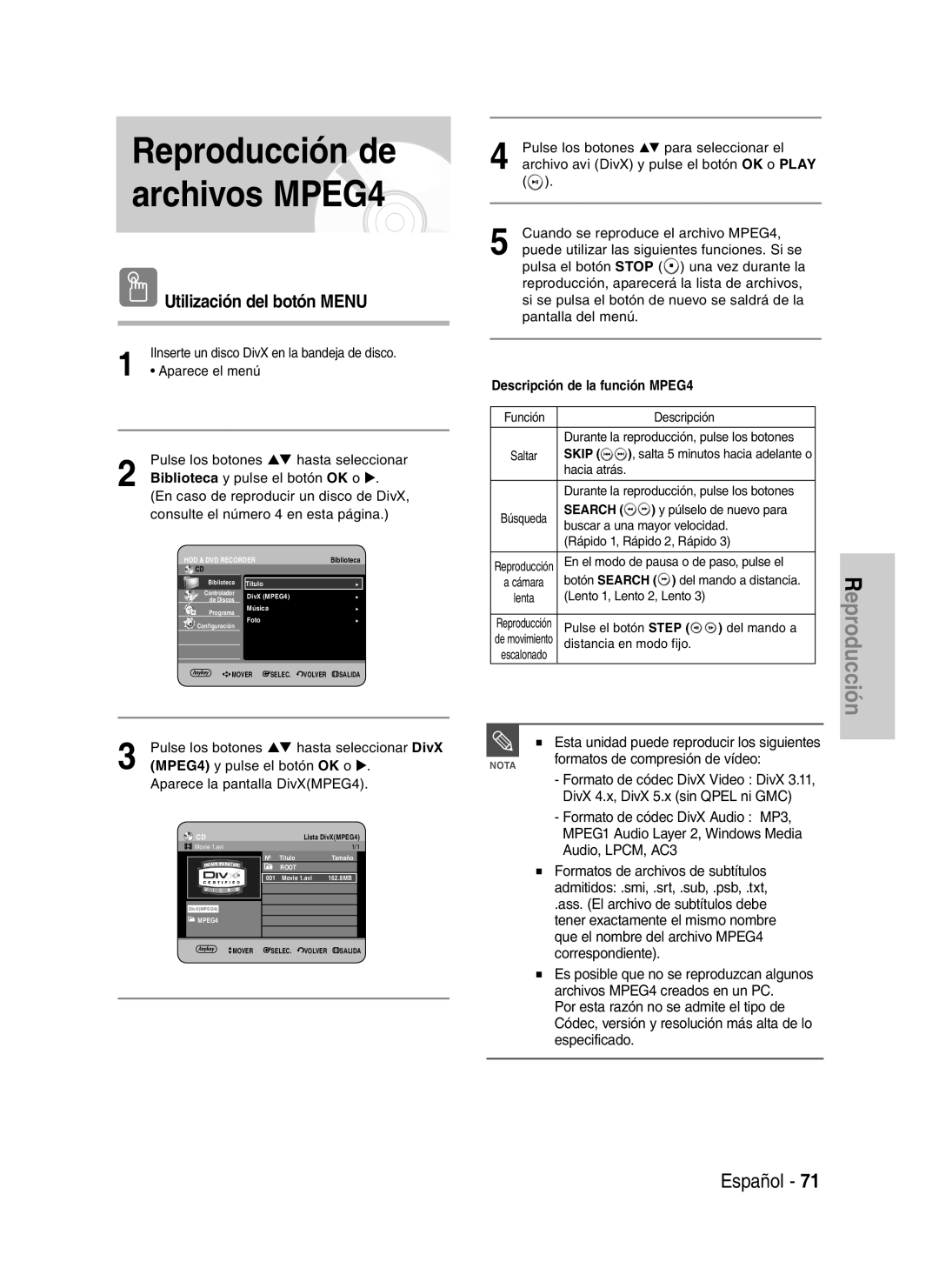 Samsung DVD-HR730A/XEC manual Utilización del botón Menu, Descripción de la función MPEG4 