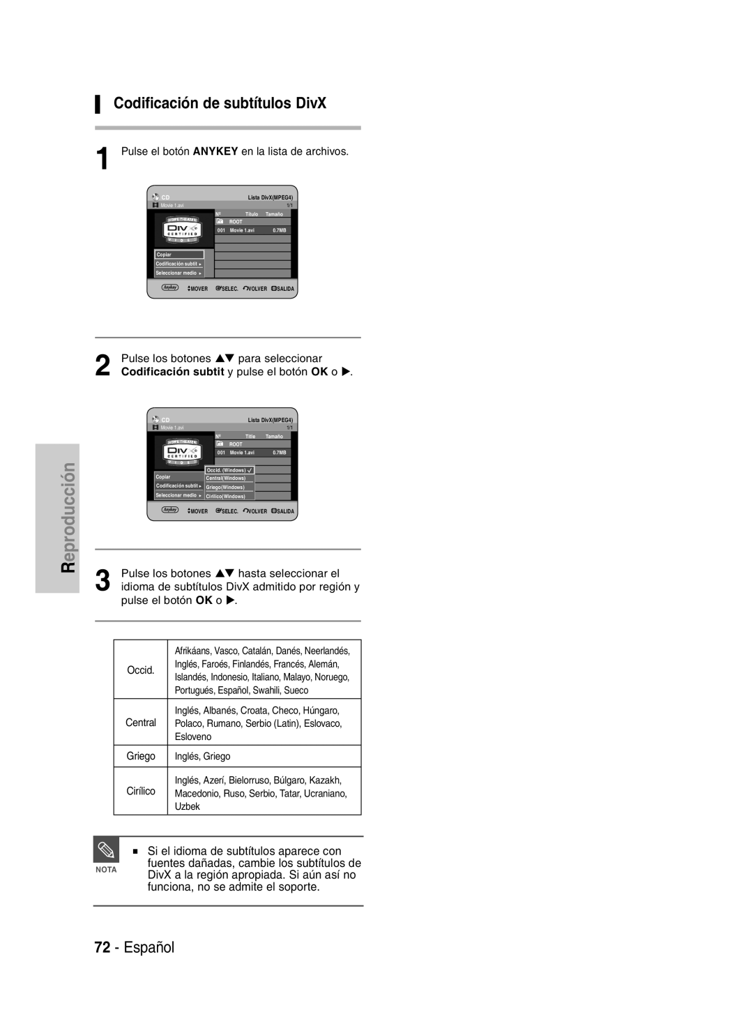 Samsung DVD-HR730A/XEC manual Codificación de subtítulos DivX, Pulse el botón Anykey en la lista de archivos 