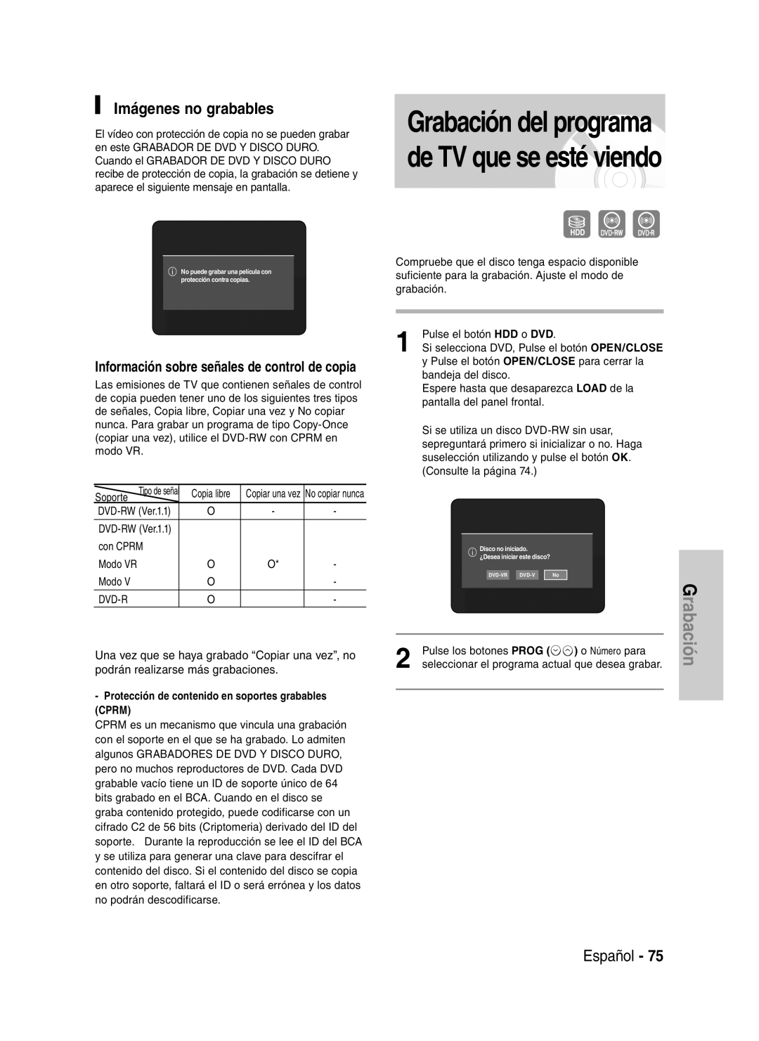 Samsung DVD-HR730A/XEC manual Imágenes no grabables, Información sobre señales de control de copia, Con Cprm 