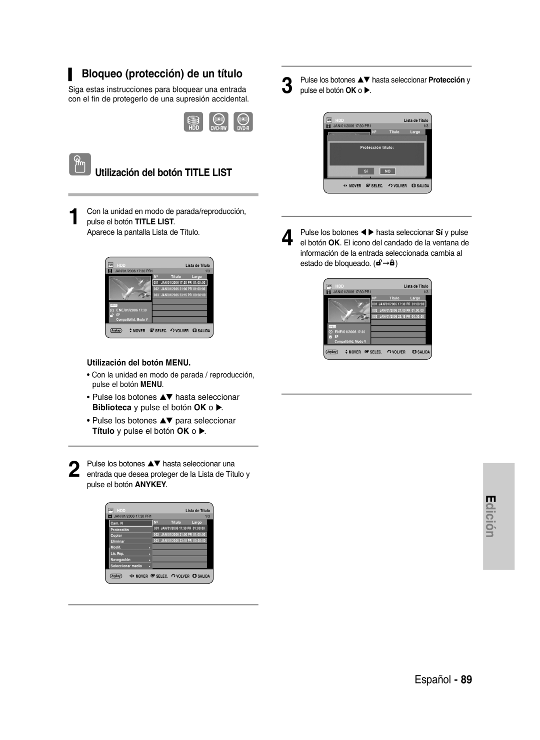 Samsung DVD-HR730A/XEC manual Bloqueo protección de un título 