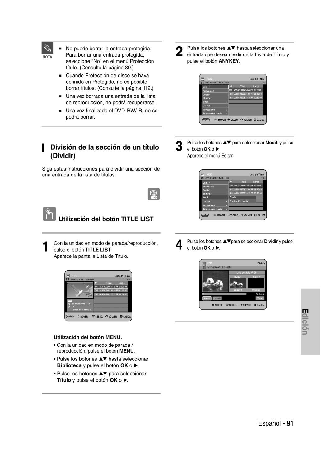 Samsung DVD-HR730A/XEC manual División de la sección de un título Dividir, No puede borrar la entrada protegida 