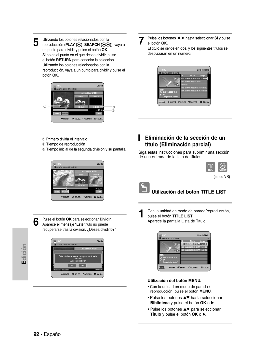 Samsung DVD-HR730A/XEC manual Eliminación de la sección de un título Eliminación parcial, El botón OK, Botón OK 