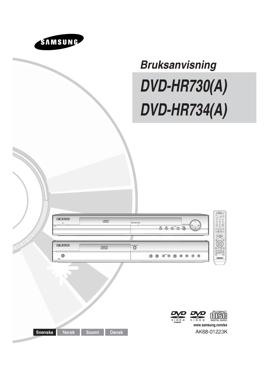 Samsung DVD-HR730A/XEE manual DVD-HR730A DVD-HR734A, Svenska Norsk Suomi Dansk 