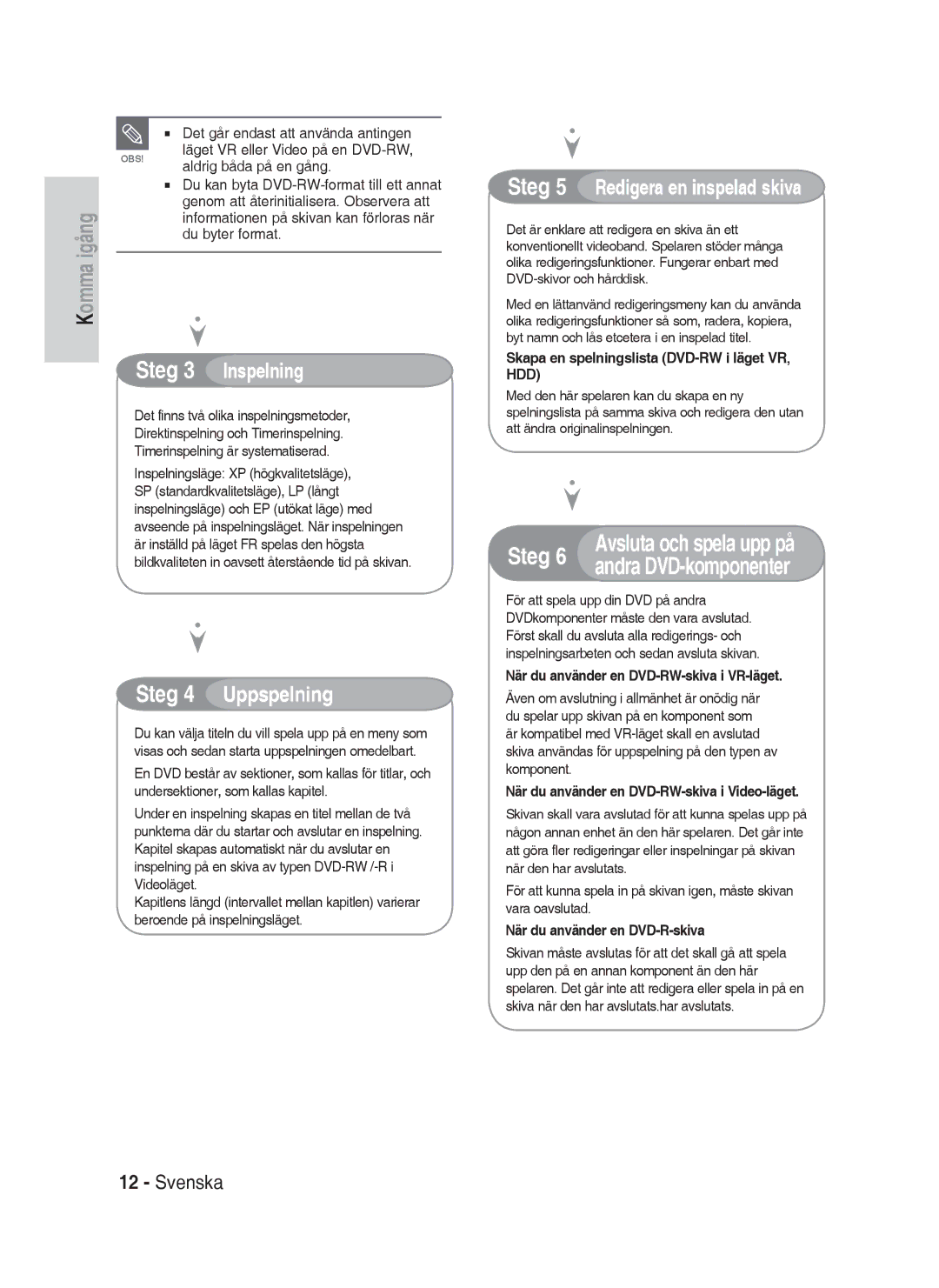 Samsung DVD-HR730A/XEE manual Avsluta och spela upp på, Andra DVD-komponenter 