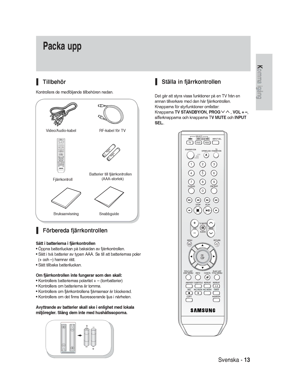 Samsung DVD-HR730A/XEE manual Packa upp, Tillbehör, Förbereda fjärrkontrollen, Ställa in fjärrkontrollen 