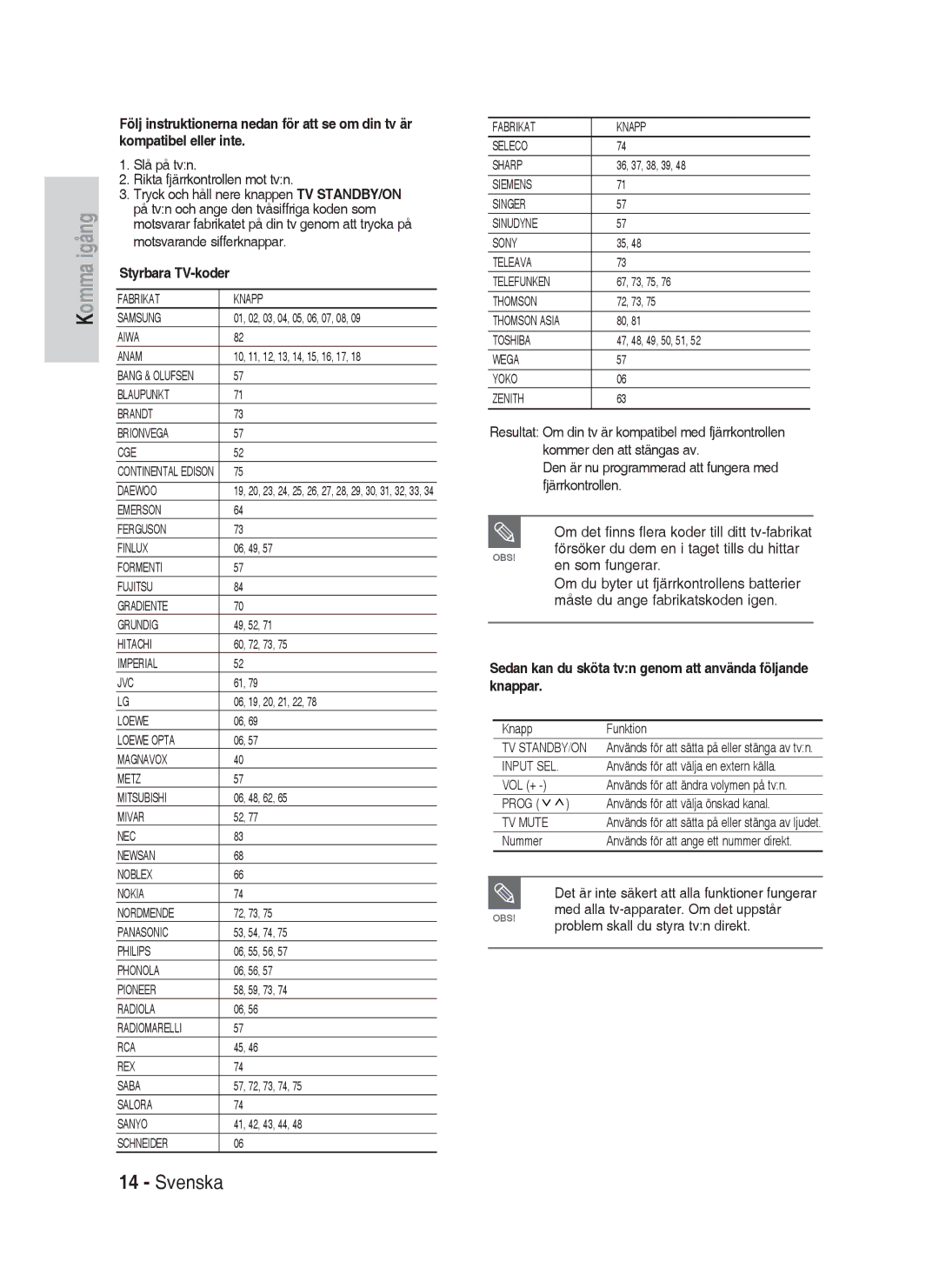 Samsung DVD-HR730A/XEE manual Styrbara TV-koder, Sedan kan du sköta tvn genom att använda följande knappar 