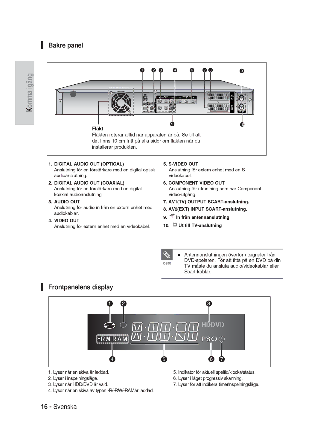 Samsung DVD-HR730A/XEE manual Bakre panel, Frontpanelens display, Fläkt, Lyser när en skiva är laddad 