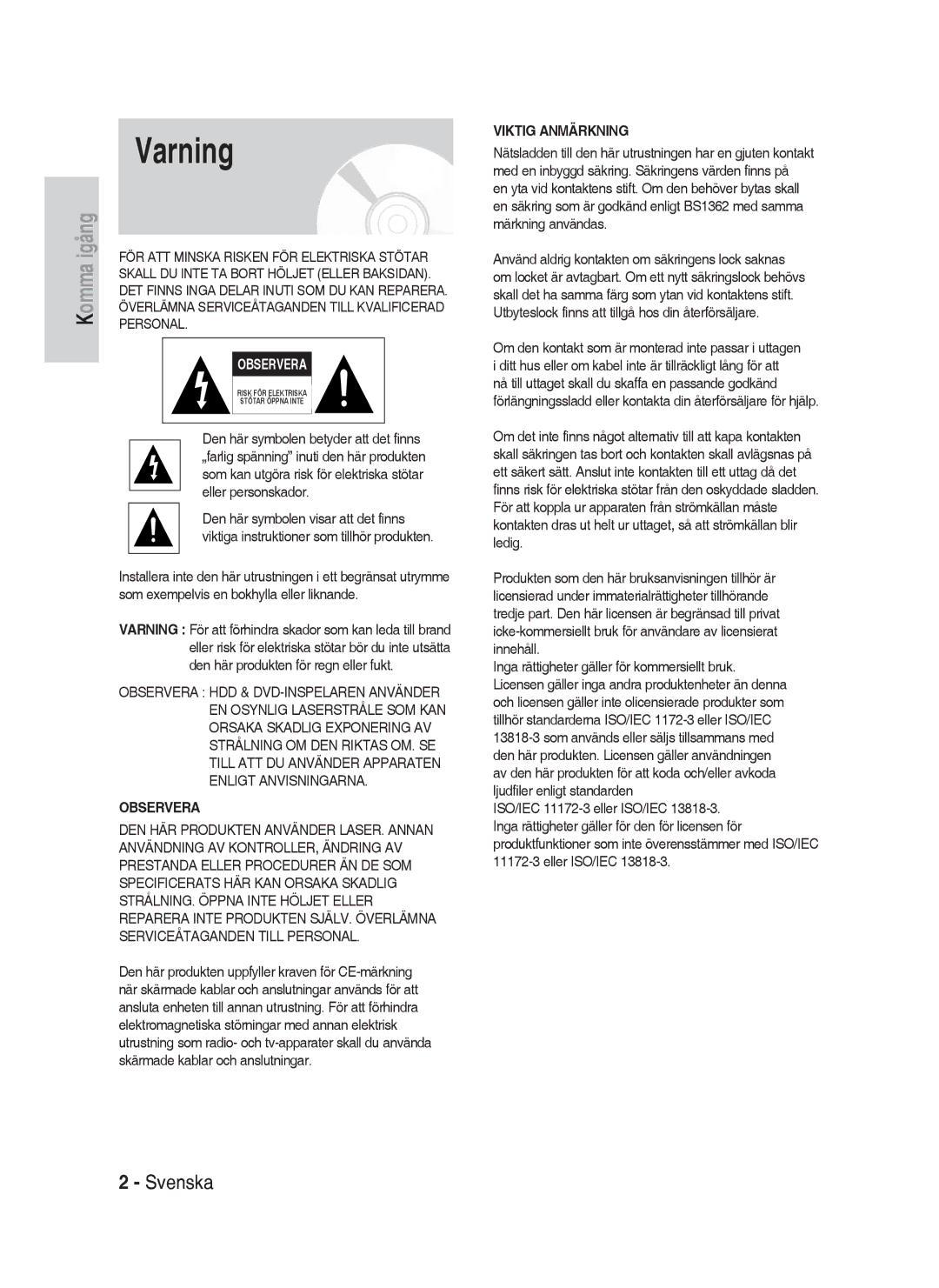 Samsung DVD-HR730A/XEE manual Varning, Observera 