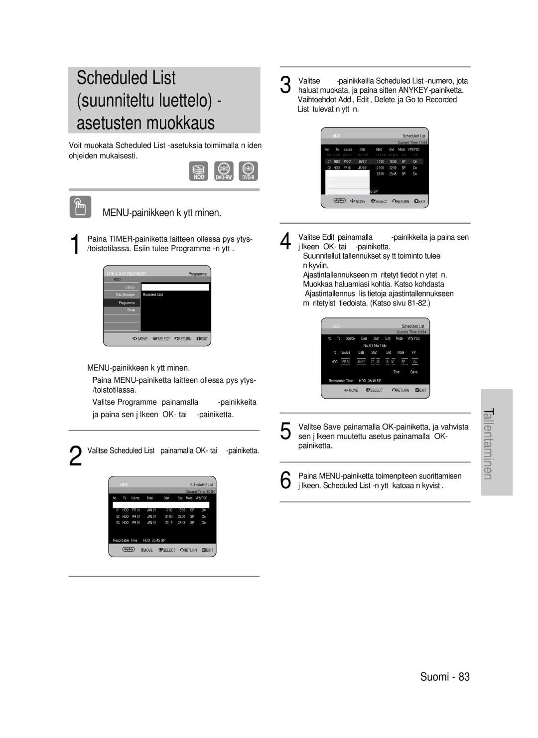 Samsung DVD-HR730A/XEE manual Scheduled List suunniteltu luettelo asetusten muokkaus 