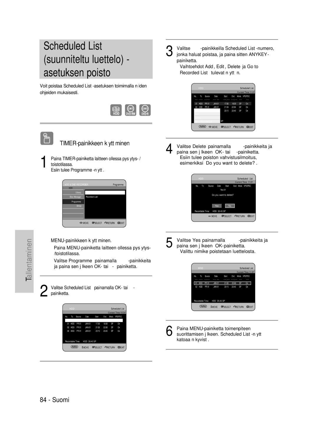 Samsung DVD-HR730A/XEE manual Scheduled List suunniteltu luettelo asetuksen poisto 