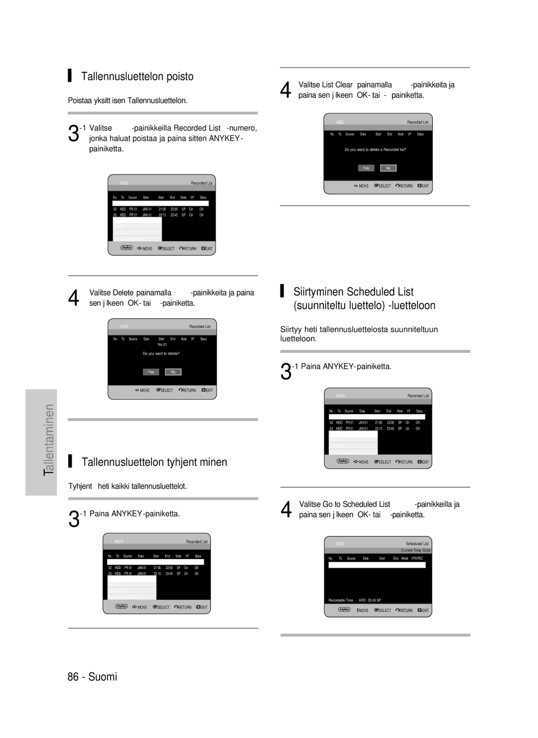 Samsung DVD-HR730A/XEE manual Tallennusluettelon poisto, Tallennusluettelon tyhjentäminen 