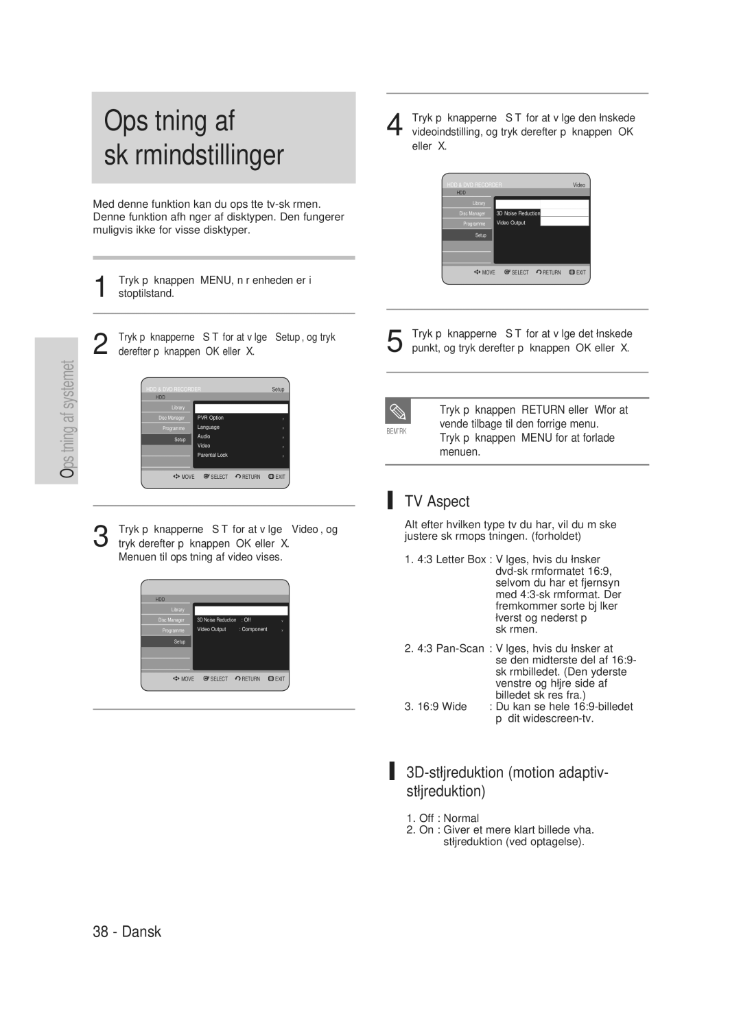 Samsung DVD-HR730A/XEE manual 3D-støjreduktion motion adaptiv- støjreduktion, Vende tilbage til den forrige menu 