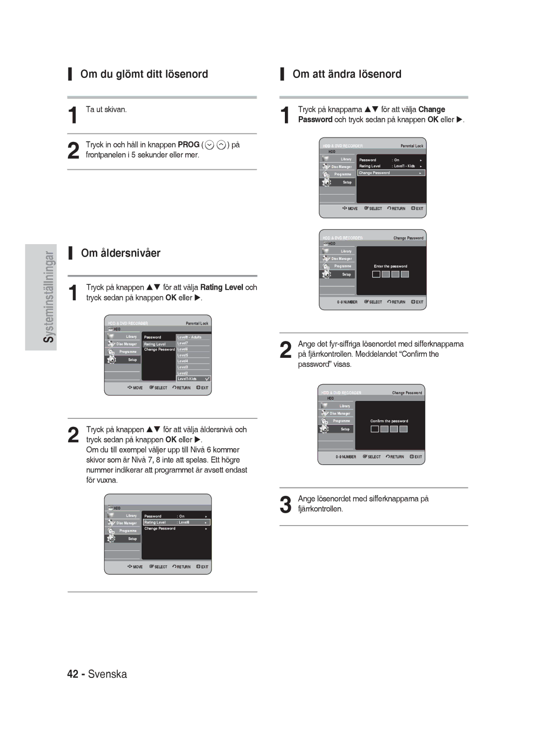 Samsung DVD-HR730A/XEE manual Om du glömt ditt lösenord, Om åldersnivåer, Om att ändra lösenord 