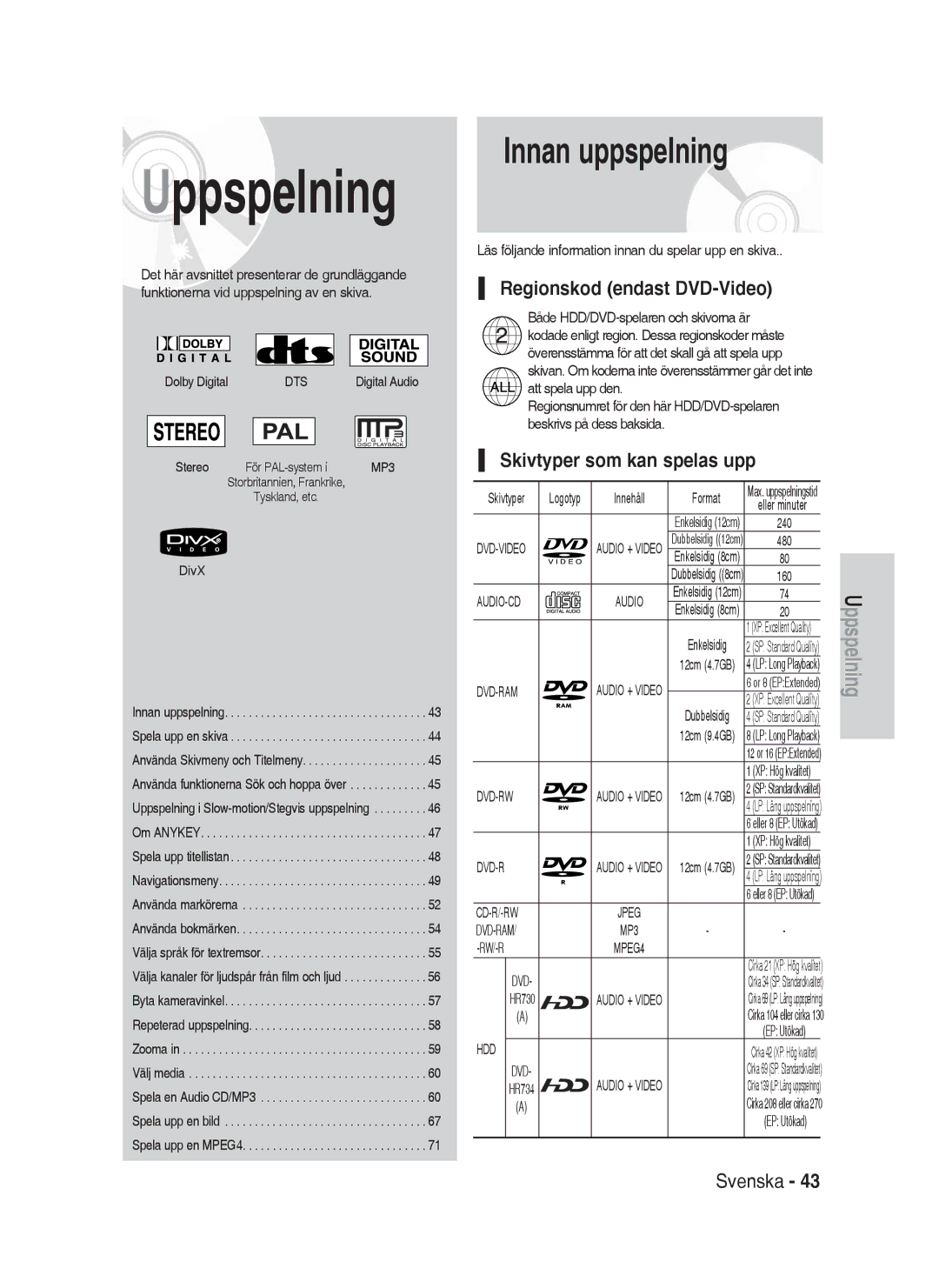 Samsung DVD-HR730A/XEE manual Innan uppspelning, Regionskod endast DVD-Video, Skivtyper som kan spelas upp 