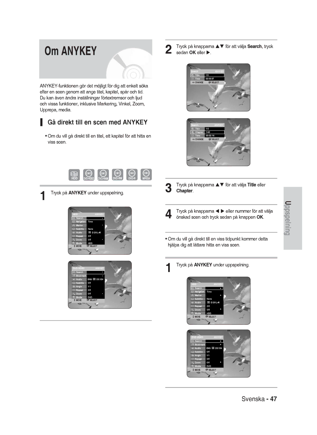 Samsung DVD-HR730A/XEE manual Om Anykey, Gå direkt till en scen med Anykey, Sedan OK eller, Chapter 