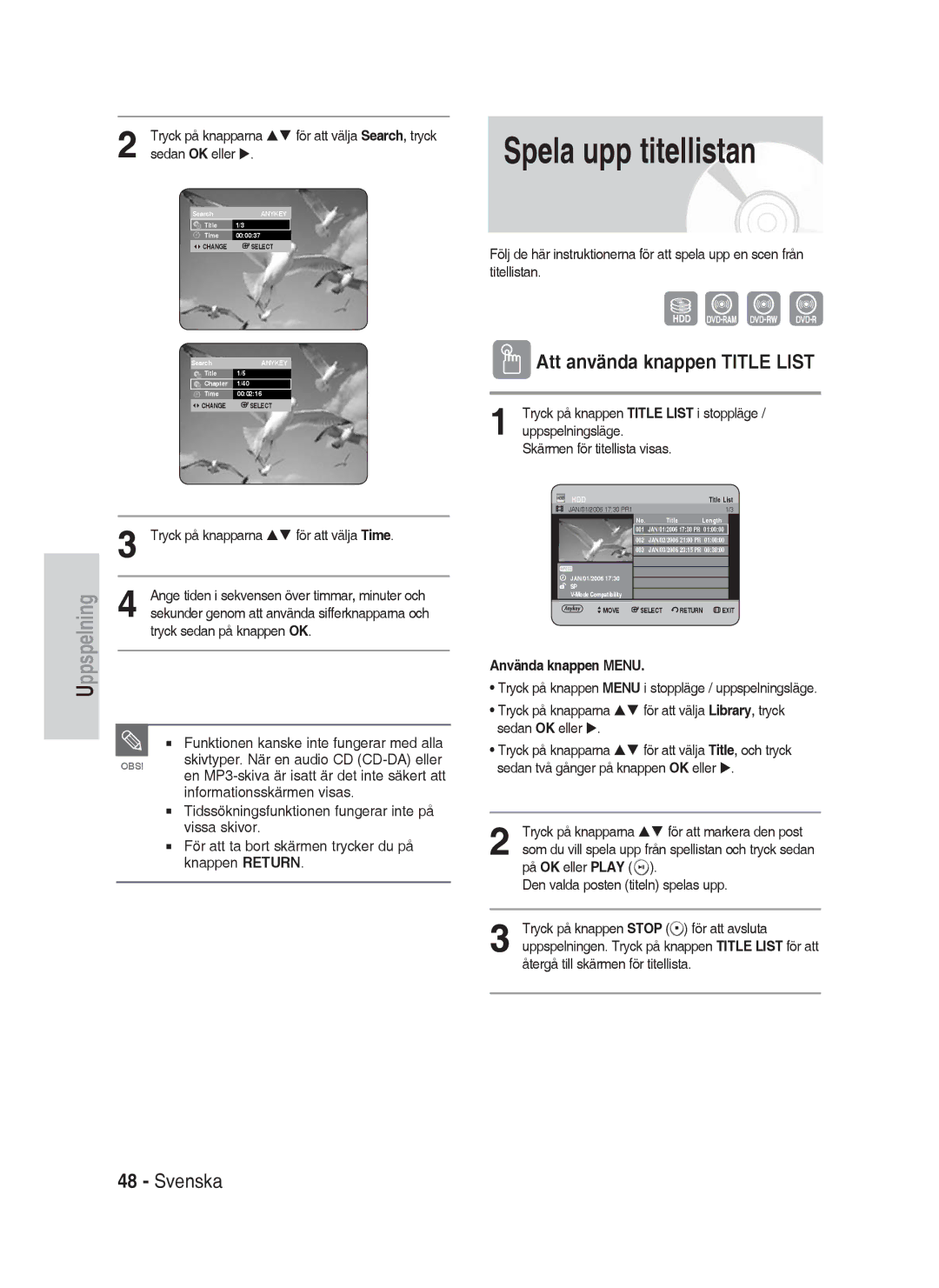 Samsung DVD-HR730A/XEE manual Spela upp titellistan, Att använda knappen Title List, Använda knappen Menu 