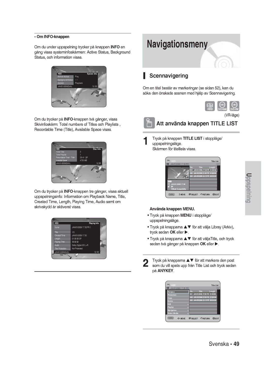 Samsung DVD-HR730A/XEE manual Navigationsmeny, Scennavigering 